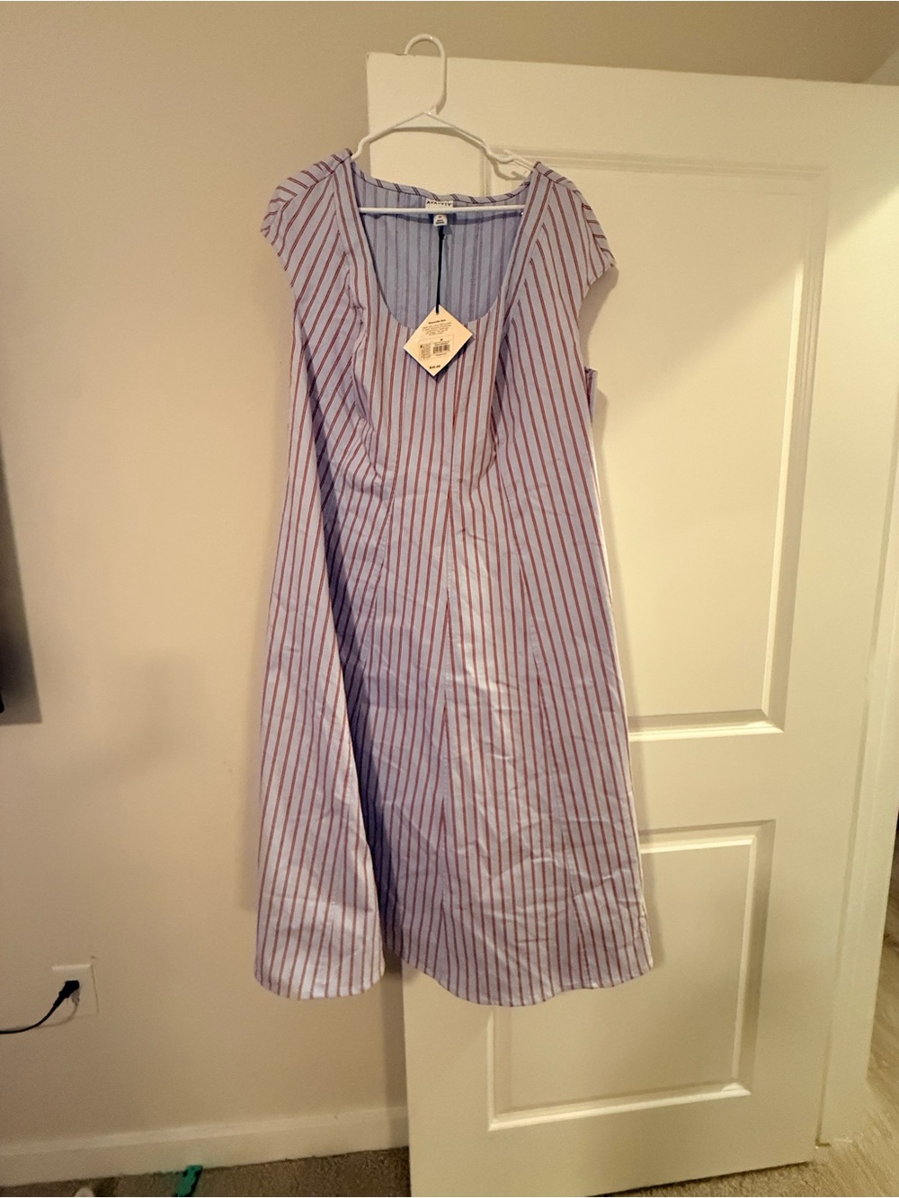 Striped Blue and Red Midi Dress with Scoop Neck
